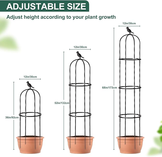 FOLLOOK Garden Trellis Obelisk for Climbing Plants, Lightweight Metal Plant Support for Roses Clematis Vines, Rustproof Decorative Trellis for Outdoor Garden Patio Planter, Black, 2 Pack