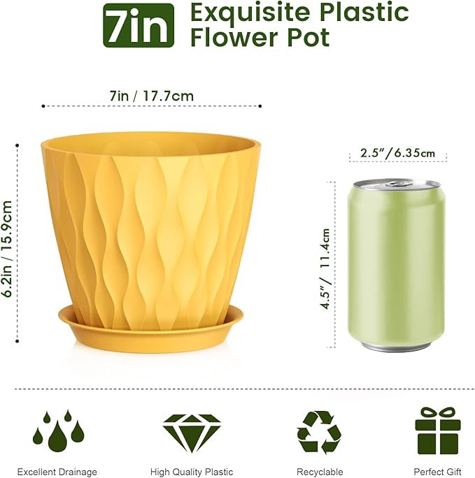 Meowell 7 inch Plant Pots for Indoor Outdoor Plants, 5 Pack Thick Nursery Pots with Drainage Holes and Saucers, 3D Modern Wave Texture Plastic Planter Pots for Flowers and House Plants, Multicolor