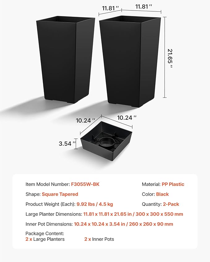 VEVOR Set of 2 Tall Planters for Outdoor Plants 22 inch, Black Tall Planter for Indoor Plants, Modern Planters for Front Porch Patio Balcony, Plant Container Flower Pots