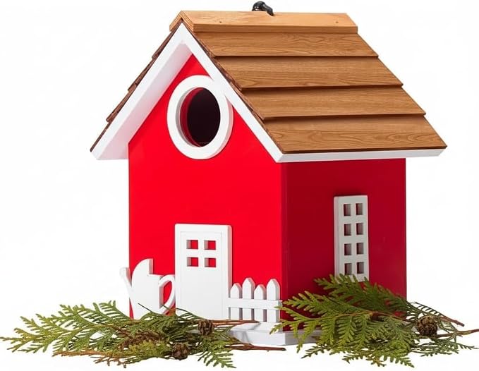 2026 Vinyl Water Proof Bird House for Outside, Shingle Roof Bluebird House Nesting Box, Squirrel Proof Hanging Birdhouse, 5 Years Weatherable for Outdoor Decoration,Bird Box for Pole (Red)
