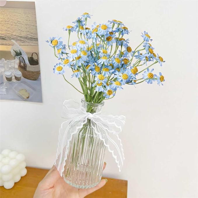 Small Artificial Blue Daisy Flowers - 2 Bouquets (12 Stems), 10 Inch Fake Daisies for Spring Home Decor, Wedding, Party, Table Centerpiece (Vase Not Included)