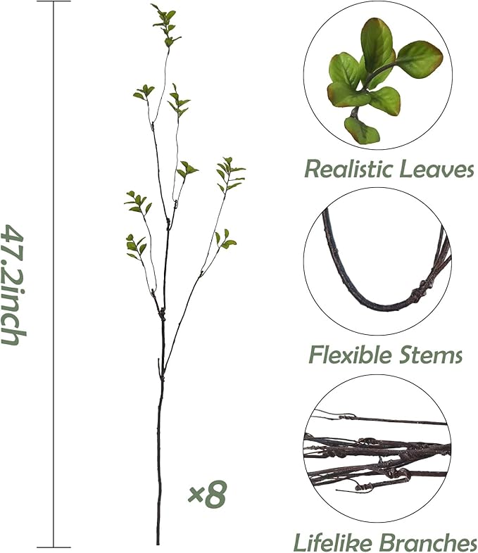 8 Pcs Artificial Ficus Branches Faux Eucalyptus Stems, 47.2 Inch Fake Greenery Stems Artificial Plants for Vase Filler Decoration, Fake Leaves Branches Centerpieces Decor.