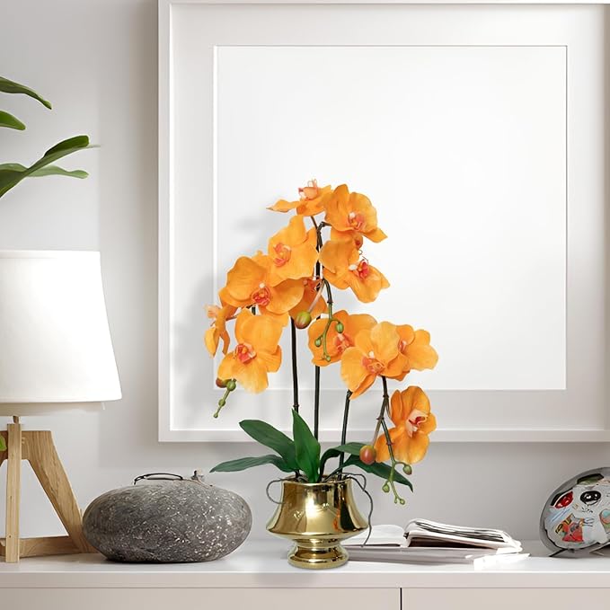 CXGS Orchids Artificial Flowers Realistic Fake Flowers in Ceramic Vase 20" Orange Faux Plants Indoor Lifelike Soft PU Phalaenopsis for Centerpiece Hotel Home Decor