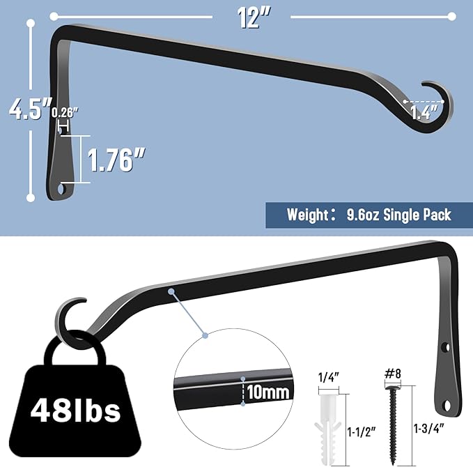 FEED GARDEN 2 Pack 12 Inch Hanging Plant Bracket Wall Hooks Decorative Plant Hangers for Outdoor Hanging Bird Feeders, Wind Chimes, Plant Baskets, Black