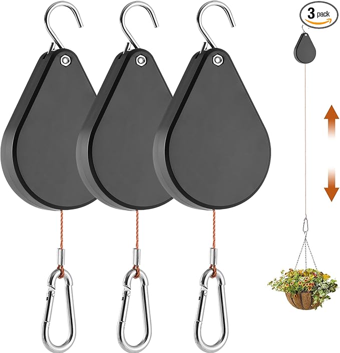 WROSWT Upgraded Retractable Plant Hanger,Plant Pulleys for Hanging Plants,Easy to Raise and Lower,Auto Lock,Heavy Duty, Adjustable Hook for Garden Baskets Pots,Birds Feeder,(3Pcs,Black)