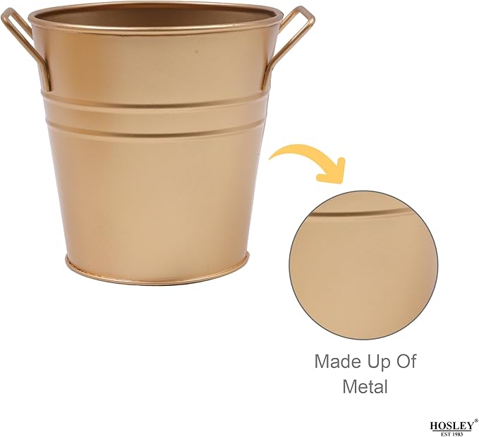 Hosley Set of 3 Gold Metal Bucket/Pots with PVC Liner, Ideal Gift for Floral Arrangements Wedding Home Office Party DIY Indoor Outdoor Garden Patio 5" Dia x 5" H