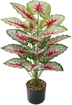 Artificial Caladium Plant with Red and Green Leaves, Red Leaf Artificial Plants Decoration Simulated Bonsai Potted Decor Home Room Party Wedding Office Floor (White(No Flowerpot), 75cm)