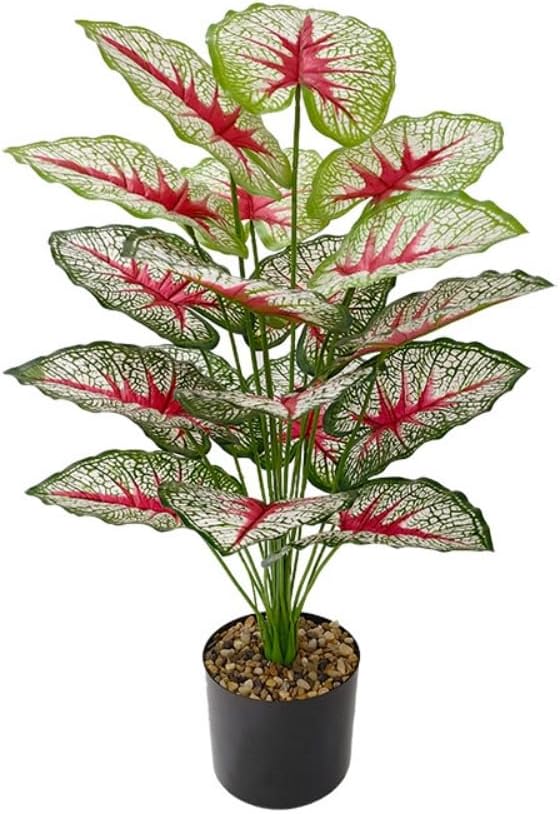 Artificial Caladium Plant with Red and Green Leaves, Red Leaf Artificial Plants Decoration Simulated Bonsai Potted Decor Home Room Party Wedding Office Floor (White(No Flowerpot), 75cm)