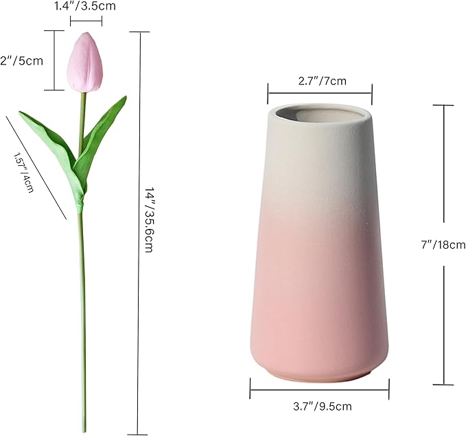 Mandy's Light Pink Artificial Tulips Flowers Centerpiece, 13.5" Lifelike PU Fake Floral Stems 28pcs with Vase for Kitchen Island & Dining Table, Spring Decor for Easter