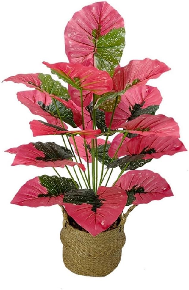 Artificial Caladium Plant with Red and Green Leaves, Red Leaf Artificial Plants Decoration Simulated Bonsai Potted Decor Home Room Party Wedding Office Floor(Rosered(No Flowerpot), 75cm)