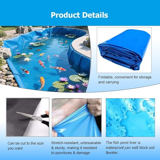 PVC Pond Liner for Fish/Plant, 0.3 MM Thick HDPE Blue Preformed Pond Liners Mat Underlayment for Outdoor Ponds Koi Fish Ponds Streams Garden Fountain Waterfall(6x7m/19.7x23')