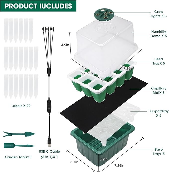 MYMULIKE Seed Starter Tray with Grow Light,5 Pack 60 Cells Seedling Tray Kit Reusable & Dishwasher Safe for Starting Vegetable, Flower & Herb Seeds Indoor Grow Kit for Deep-Rooted Seedlings