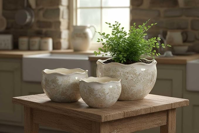 Galt International Ceramic Plant Pots Set of 3 Rustic Vintage Farmhouse Cream Crackle Glaze (11"/ 9.6"/ 7") Garden Indoor Outdoor Flower Planter w/Drainage Hole (Vintage Brown)