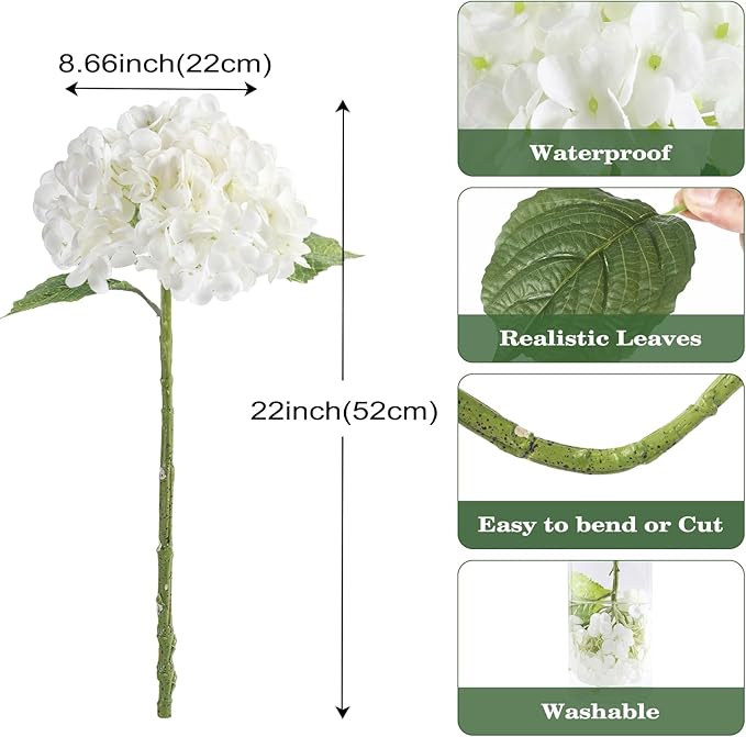 Coferset 4Pcs White Hydrangea Artificial Flowers Lifelike Faux Hydrangea Real Touch Artificial Flowers for Outdoors Home Wedding Christmas Office Party Living Room Decoration,22inch