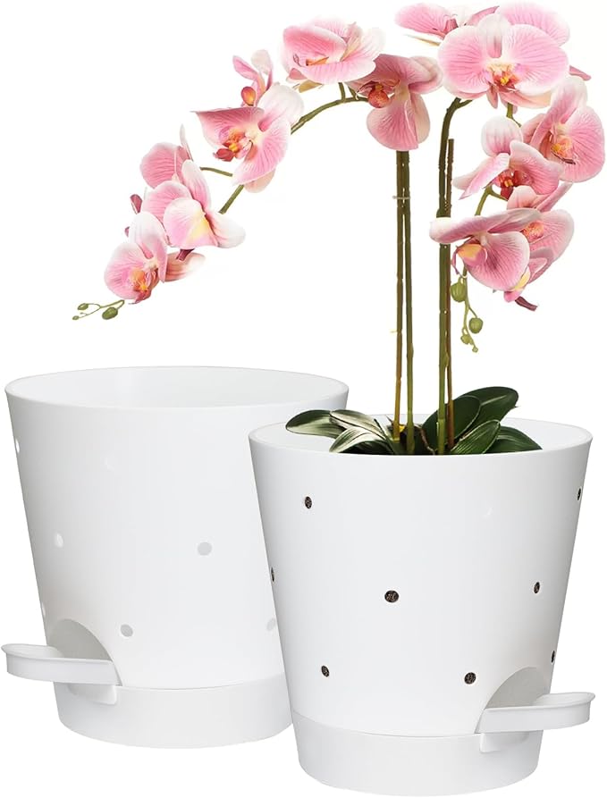 Vanslogreen Orchid Pots with Holes, 6 Inch Self Watering Orchid Pot 2 Pack Plastic Plant Pots for Orchid, Flower (White)