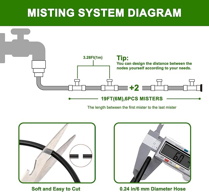 Misters for Outside Patio, 19FT(6M) Misting Line+6 Mist Nozzles, Outdoor Misting Cooling System for Patio Backyard Garden Greenhouse
