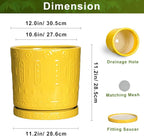 Ceramic Flower Pots, 12 Inch Plant Pot with Drainage Holes and Saucers, Round Pots for Plants for Indoor Outdoor, Boho Decorative Planter, Garden House Decor, Gifts for Women, Yellow