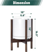 D'vine Dev Ceramic Planter with Walnut Color Stand - 10 Inch Modern Round Flower Pot with Wood Planter Holder, White, 55-B-X-1