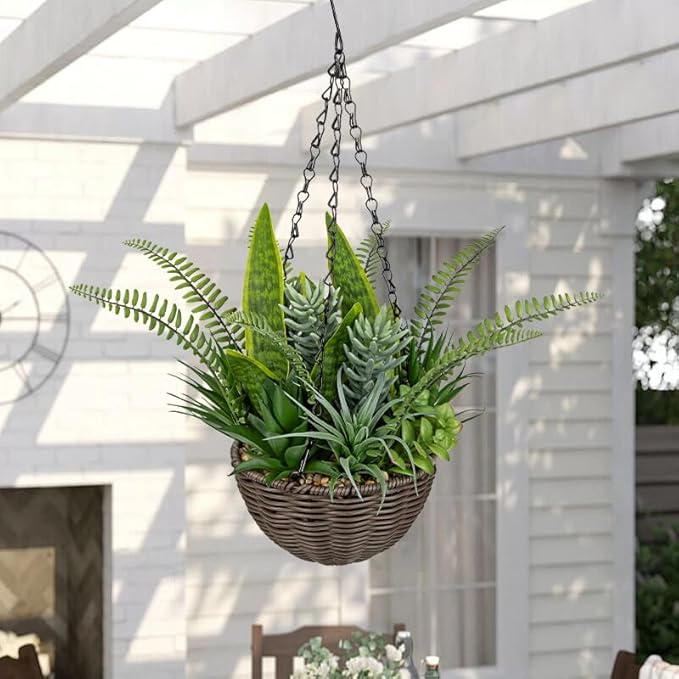 DILATATA Artificial Hanging Plants Basket, Faux Snake Plants Fern Succulent Mix with Coconut Fiber Liner, Fake Hanging Plant with Chain Hook for Indoor Outdoor Porch Patio Balcony Home Décor