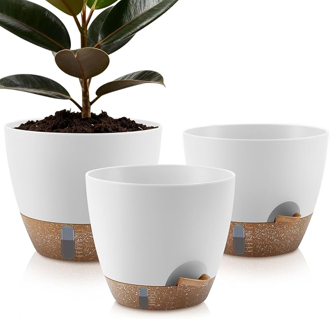 QRRICA Self-Watering Plant Pots with Water Level Indicator, Drainage Holes & Saucers – 12/10/9 Inch Large Plastic Planter Set for Indoor & Outdoor Plants (White)