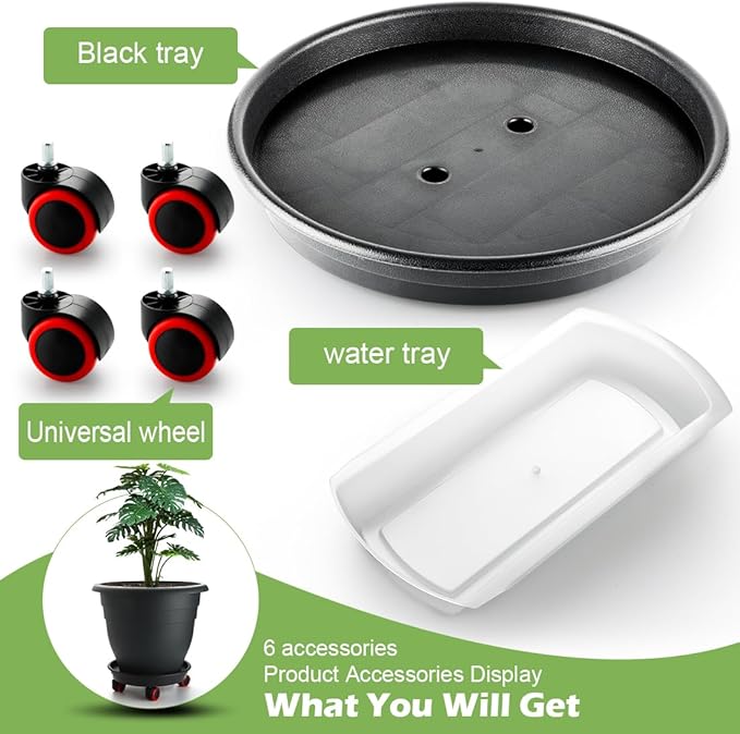 3 Pack 16 Inch Large Plant Pots with Rolling Saucers & Drainage Holes,Heavy Duty Plastic Planters for Indoor Outdoor Plants,Large Flower Pots with Wheels for Tall Plants(Black)