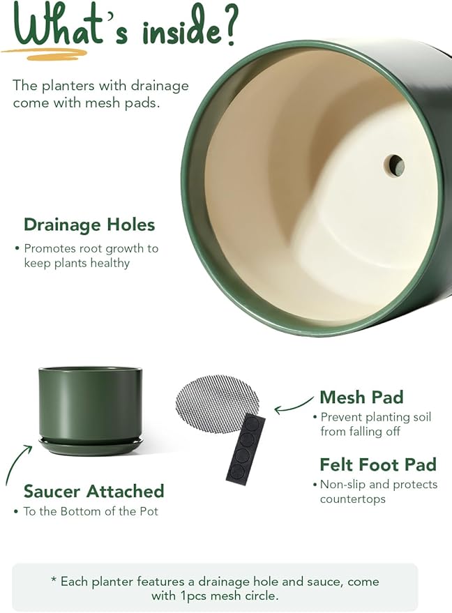 LE TAUCI 12 Inch Pots for Plants, Ceramic Plant Pots with Drainage Holes and Saucers, Elegant and Durable Large Plant Pot, Perfect for Home & Office Decor, Green