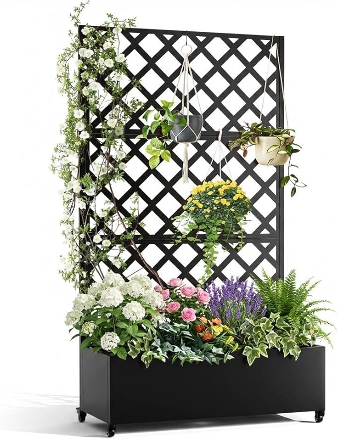 IDEALHOUSE Metal Planter Box with Trellis, 72"x47"x15.7" Galvanized Raised Garden Bed on Wheels with Drainage Holes, Outdoor Planter for Climbing Plants Vines & Privacy Screen, Diamond Lattice