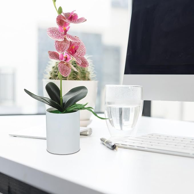 VILLCASE Artificial Orchid Bonsai Plant, Realistic Simulation Potted Flower in Purple, Faux Orchid Tabletop Decoration for Home Office Living Room