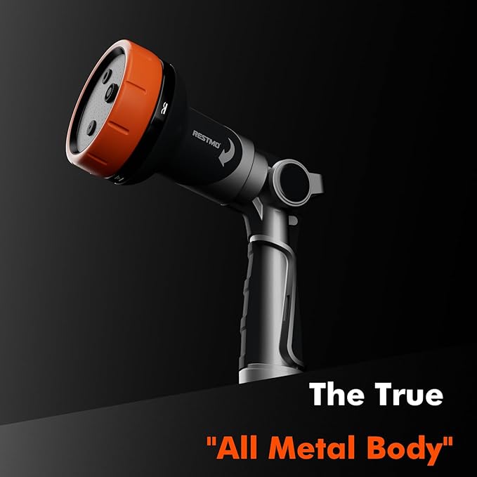 RESTMO Multi-Angle Garden Hose Nozzle with Sprinkler Function, Heavy Duty Water Hose Nozzle with 4 Spray Patterns, Magic Twist and Thumb Flow Control for Garden Watering, Car Washing & Yard, Orange