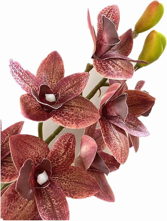 4pcs Artificial Cymbidium Orchid Flower Plant 3D Print Vanda 10 Heads Latex Phalaenopsis Flower (Autumn red)