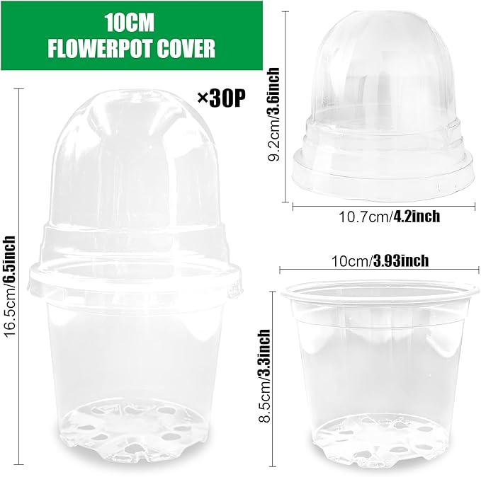 RooTrimmer Transparent Nursery Pots 4Inch with Humidity Domes for Seeds Starting, Clear Plastic Plant Pots with Drainage Holes (4Inch, 30Pcs,Clear Pots with Lids)