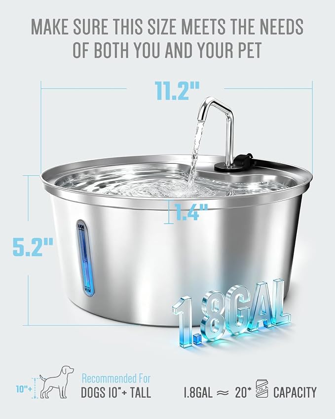 Dog Water Fountain Stainless Steel, 7L/1.8Gal Pet Fountain Water Bowl with Multi-Filtration & Deeper Drinking Aera, Large cat Water Fountain with Water Window & LED, Ultra-Quiet