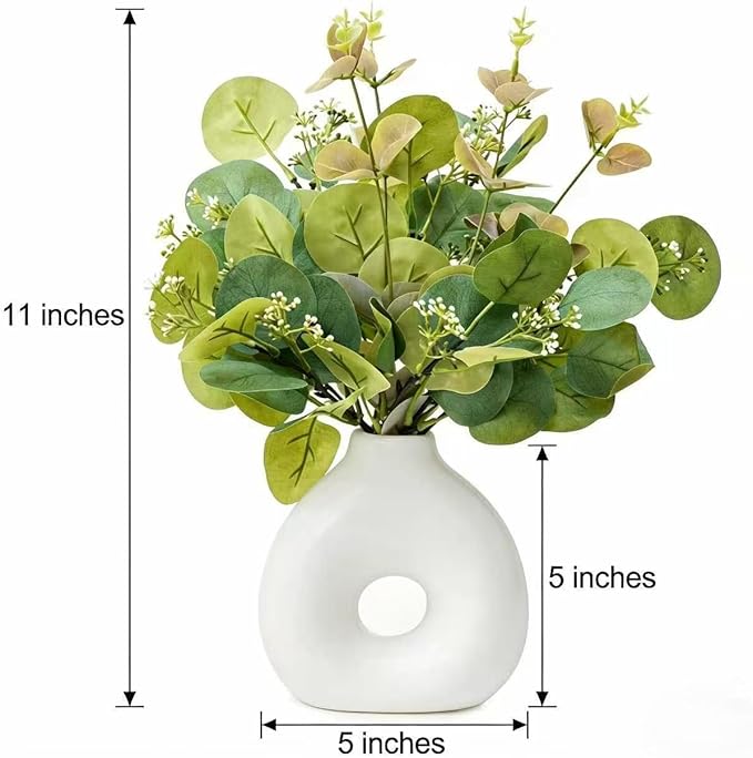 Artificial Plant in Ceramic Donut Vase 11.5” Faux Greenery Potted Branches Realistic Leaves Stems Modern Minimalist White Speckled Hollow Vase for Home Office Table Shelf Bathroom Decor