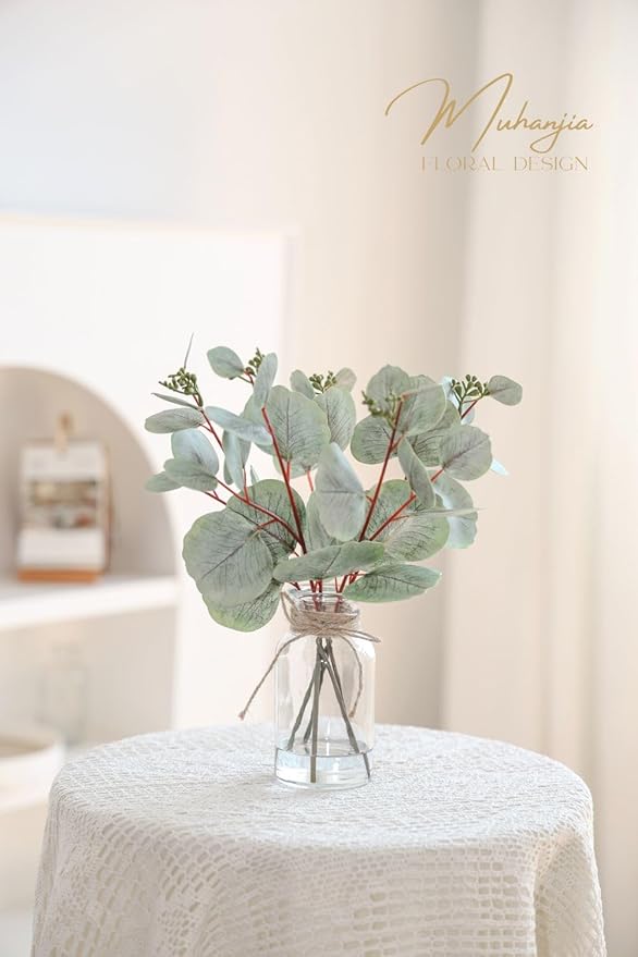 Muhanjia Artificial Eucalyptus Stems in Glass Vase with Faux Water,5Pcs Fake Plant with Double-Sided Leaves and Green Seeds for Centerpiece (Double-Sided Green Eucalyptus with Seed)
