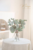 Muhanjia Artificial Eucalyptus Stems in Glass Vase with Faux Water,5Pcs Fake Plant with Double-Sided Leaves and Green Seeds for Centerpiece (Double-Sided Green Eucalyptus with Seed)
