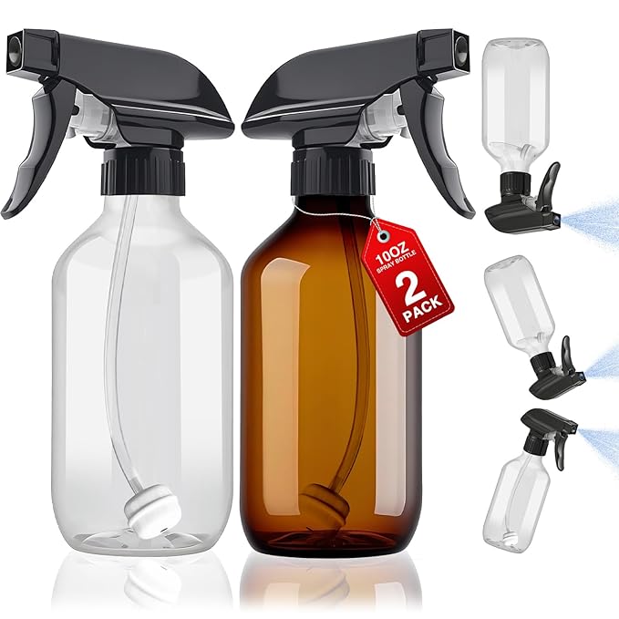 2 Packs Plastic Spray Bottles 360°Water Spray Bottle for Cleaning - 10 oz/300 ml Upside Down Spray Bottle Small Squirt Bottle with Adjustable Nozzle for Hair, Cooking, Plant, Pet (Clear + Brown)