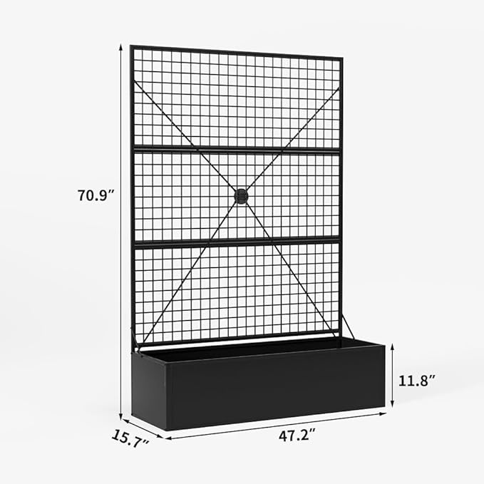 Privacy Planters for Patio – Metal Raised Garden Bed with Trellis and Privacy Screen, 71"×47.2"×16" Planter Box with Drainage Holes for Climbing Plants, Vegetables, and Vines, Outdoor Backyard Black