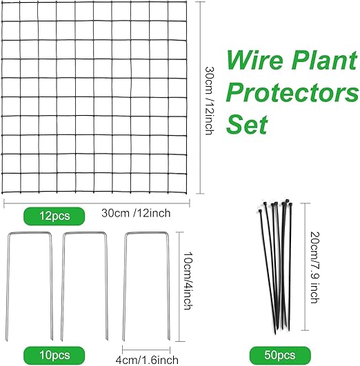 Garden Plant Protector Mesh, 12x12 Inch Metal Wire Cage with Nylon Ties & U-Shaped Stakes, Animal Protection for Vegetable, Plant and Shrub Seedlings