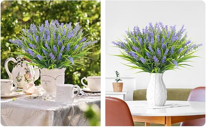obbsie 36 Bundles Artificial Plants Outdoor, 18.2" UV Resistant Faux Monkey Grass Greenery Stems No Fade Faux Plastic Flowers Shrubs for Home Weddings Garden Porch Front Patio Office Decor - Purple