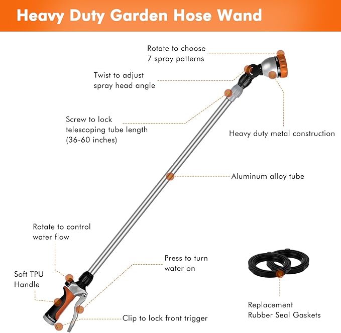 RESTMO 36”-60” Metal Watering Wand, Long Telescopic Tube | 180° Adjustable Ratcheting Head | 7 Spray Patterns | Flow Control, Perfect Garden Hose Sprayer to Water Hanging Baskets, Shrubs, Orange