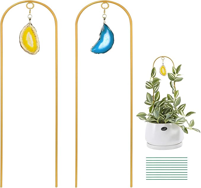 2PCS Small Gold Trellis for Climbing Plants Indoor, Mini Metal Houseplant Climber Support for Potted Plants, Boho Decorative Pot Lattice with Agate for Hoya, Pothos, Ivy, Philodendron