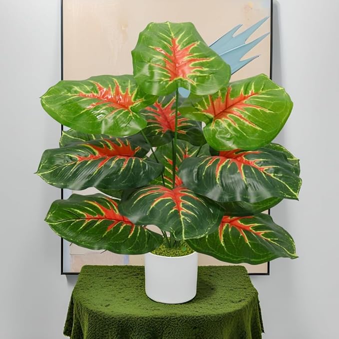 Artificial Caladium Plant with Red and Green Leaves, Red Leaf Artificial Plants Decoration Simulated Bonsai Potted Decor Home Room Party Wedding Office Floor(RedGreen(No Flowerpot), 60cm)