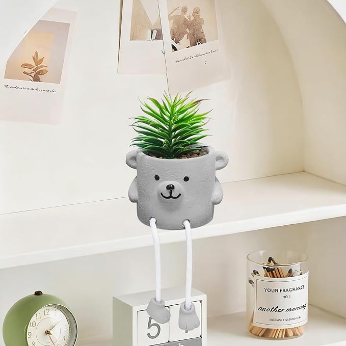 Artificial Succulents in Cement Pots with Hanging Leg, Potted Cute Mini Fake Plants for Office Desk Decor, Faux Succulent Plants Indoor Decorations - Set of 1