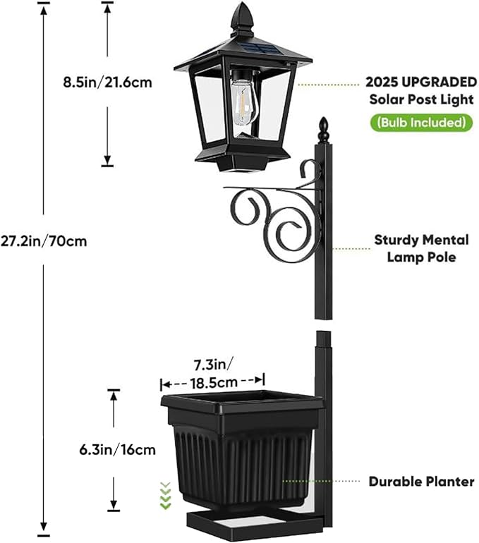 Solar Lamp Post with Planter, 2-in-1 Outdoor Solar Light with Built-in Planter Box, Waterproof Solar Powered Pathway Lamp for Garden Patio, Auto On/Off Warm White Light for Front/Back Door (Black 1pc)