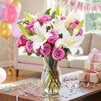 Benchmark Bouquets - Oriental Lilies & Purple Roses - Fresh Flowers for Delivery - Mothers Day Flowers - Mothers Day Gifts for Mom - Gifts for Wife - Long Stem Roses (Glass Vase Included)