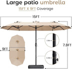 DomeShade 15ft Patio Umbrella with Base,Large Outdoor Double-Sided Rectangle Umbrella with Crank Handle, Market Umbrella for Poolside Garden Deck Backyard Beach Pools, Beige