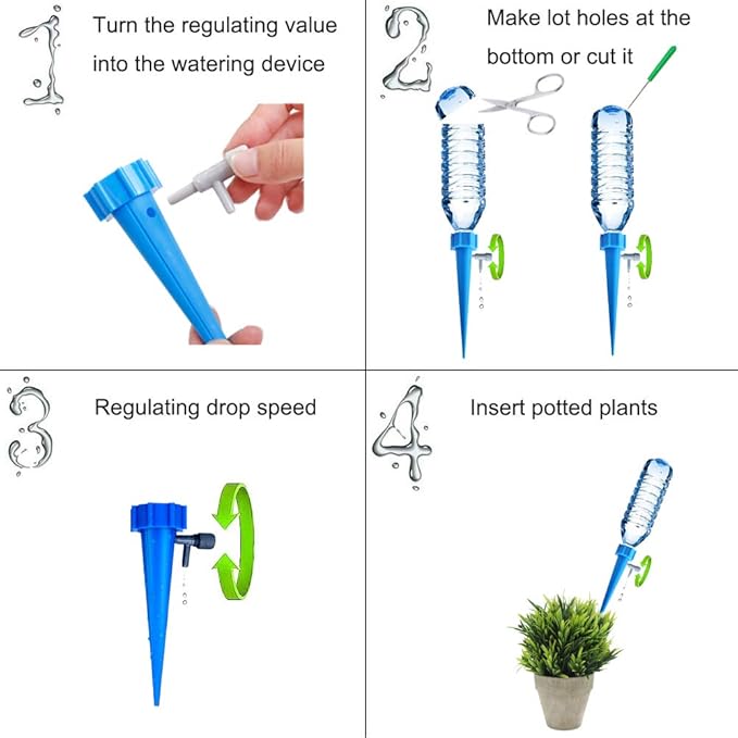 Self Watering Spikes for Indoor Outdoor Plants - 12 Pack Plastic Bottle Garden Drip Irrigation System With Adjustable Control Valve - Automatic Watering Bulbs and Globes