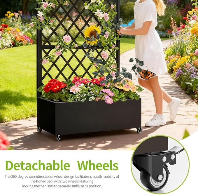 Metal Planter Box with Privacy Screen Trellis,Galvanized Raised Garden Bed On Wheels for Climbing Plants Vines, Standing Garden Flower Bed with Drainage Holes (Black, 35" L x16 W x 55" H)