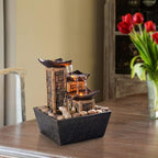 GOSSI Indoor 3-Tier Tabletop Water Fountain with Soothing Sound, Simulation Stone Pillar Design, Natural River Rocks, Reflective Lighting for Meditation and Relaxation