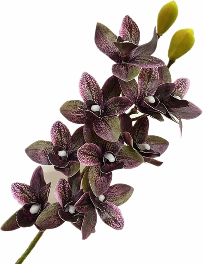 4pcs Artificial Cymbidium Orchid Flower Plant 3D Print Vanda 10 Heads Latex Phalaenopsis Flower (Brown Purple)